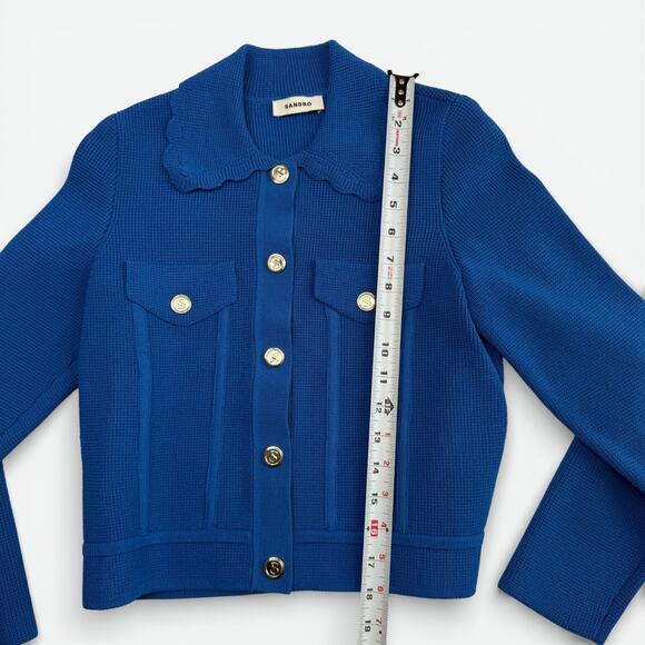 Sandro Knit Paco Cardigan Womens Size 2 Scalloped Collar Gold Snap Blue - Picture 4 of 12